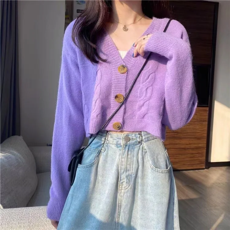

ort Purple Twisted Knit Sweater Cardigan Women's Loose Outerwear Lazy Sle Long Sve Top Spring Versatile Commute Sle ...