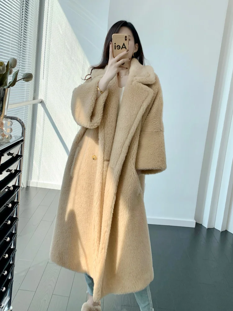 

Vintage Teddy Bear Coat Alpaca Fur Coat Women Mid-sleeve Natural Fur Lapel Mid-length Silhouette Fur Coat Female Autumn Winter