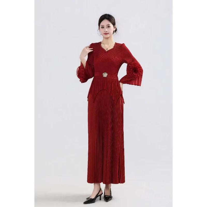 أوروبا الجديدة مياكي فستان بأكمام طويلة الزهور مكرنك اليد مطرز تصميم غير منتظم بسيط كبير الحجم مطاطا المرأة تنورة طويلة #2