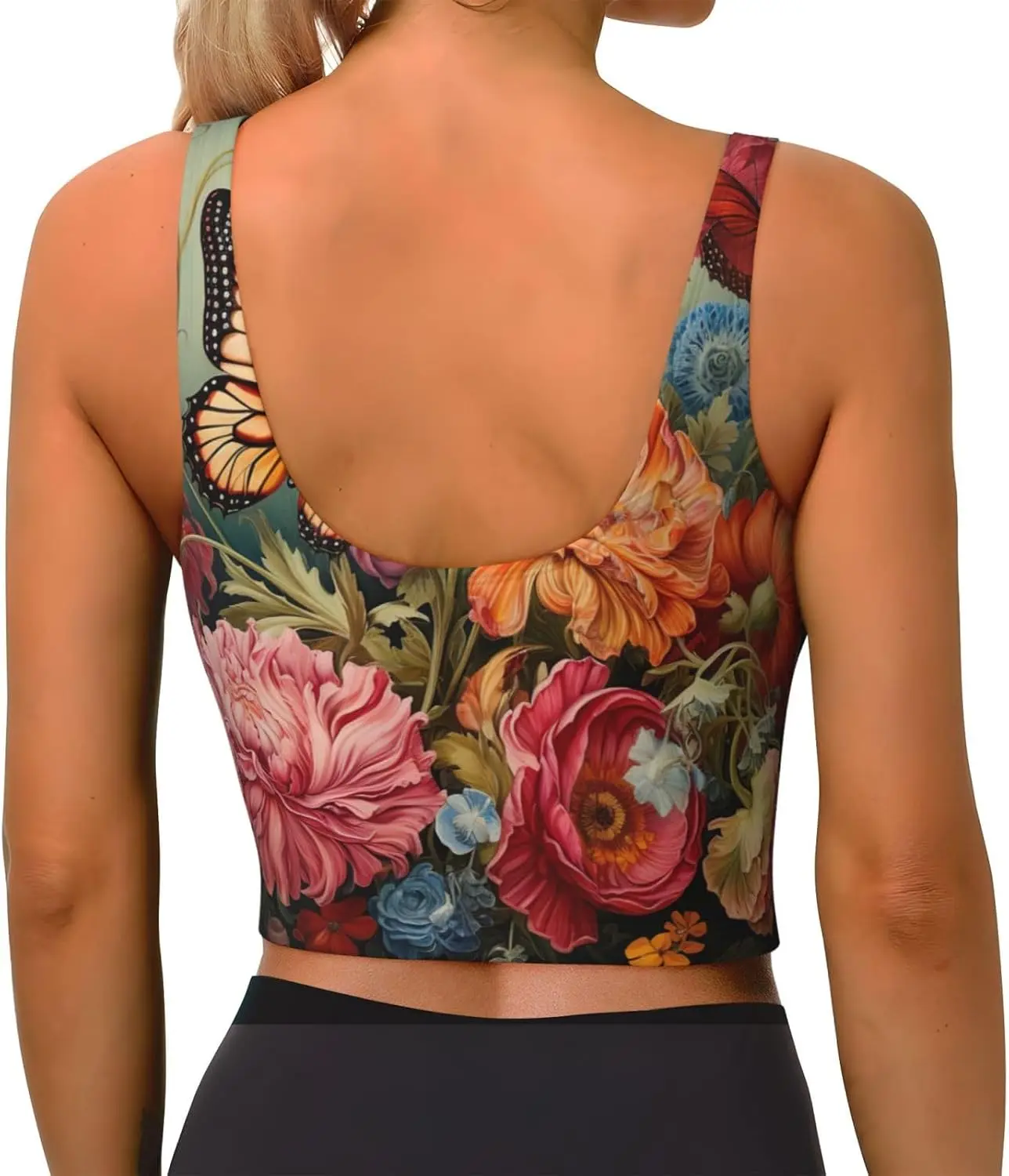 Tank Top Latihan Wanita Motif Bunga dan Kupu-kupu Rompi Olahraga Tanpa Lengan Racerback untuk Gym Atletik Yoga