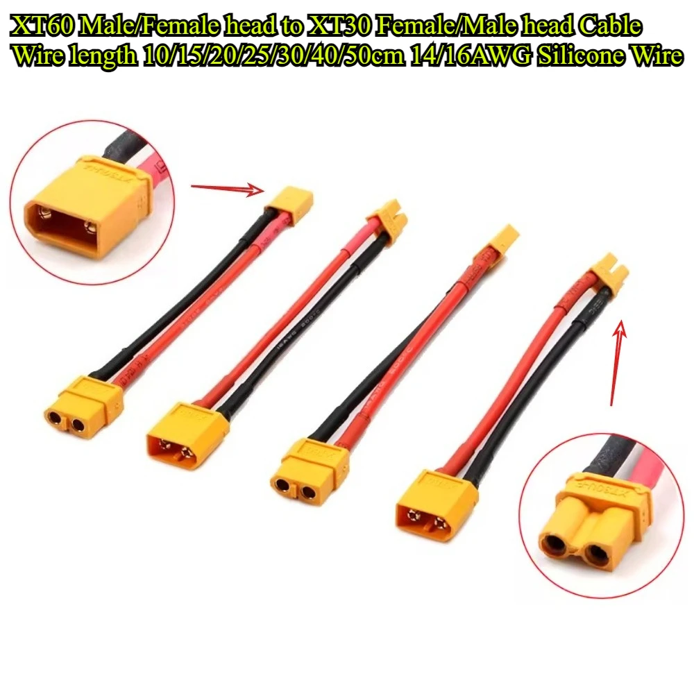

1/2Pcs XT60 to XT30 Connector Adapter Male/Female Plug 10cm-50cm 14/16AWG Silicone Wire Cable for RC FPV Quadcopter Drone Parts