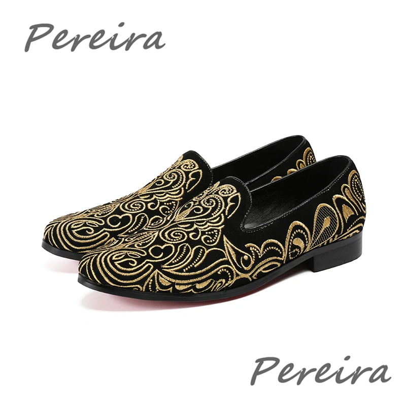 Fashion Men Casual Shoes Flats Fashion Embroiderey Gold Floral Loafers Red Blue Black Slip On Comfort Male Handmade Flat Shoes