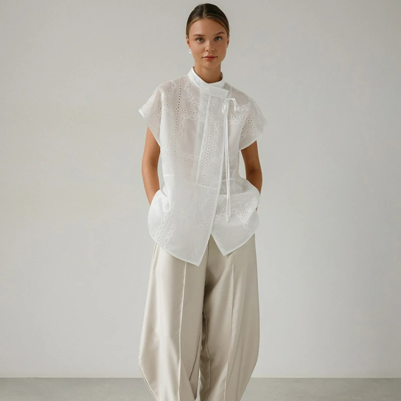 New Chinese-style Embroidery Hollowed-out Small Stand-up Collar Shirt for Women 2026 Summer  Fashionable High-end Loose Lazy Top