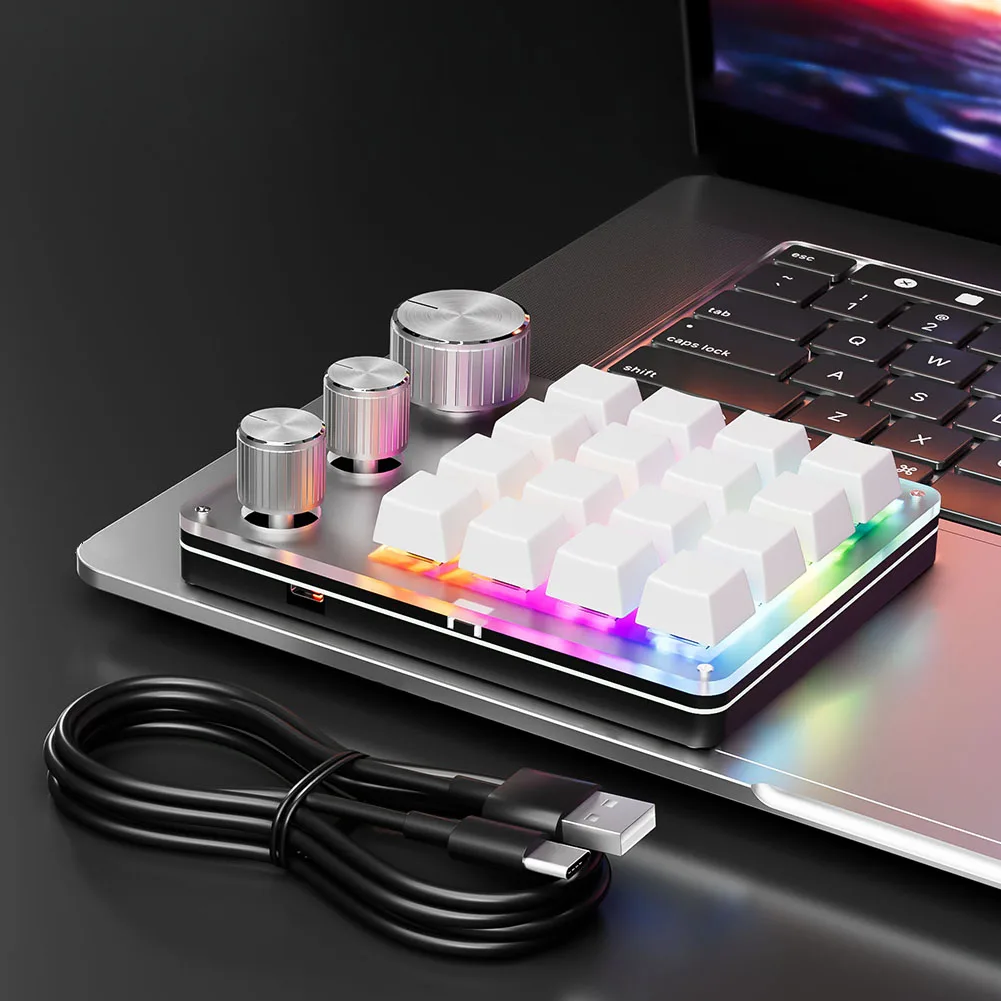 16키 삼중 손잡이 한 손으로 키보드 Type-C 유선/블루투스 호환 미니 키패드 LED 백라이트 게임용 무선 키보드