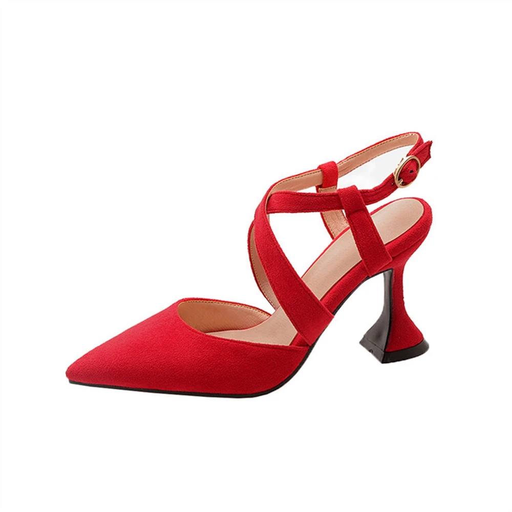 Women Pointed Toe Mid Heel Pumps Cross Strap Ankle Buckle Sandals Vintage Unique Heel Summer Shoes Plus Size 32-43 508-2