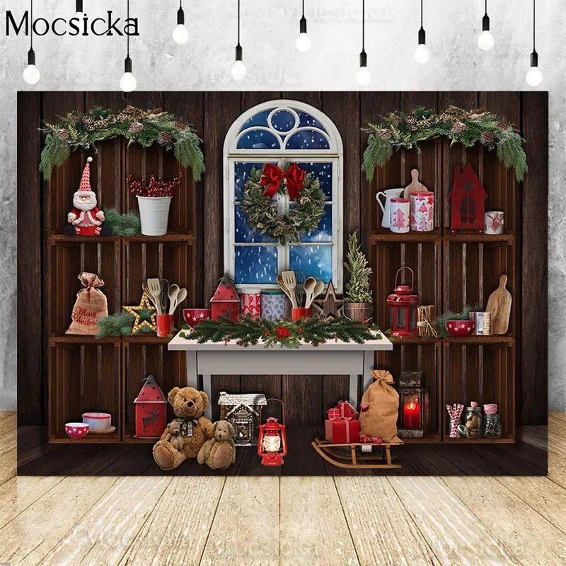 Mocsicka Christmas Kitchen Backdrop For Photography Cupboard Kitchenware Christmas Food Kids Portrait Photo Background Photocall