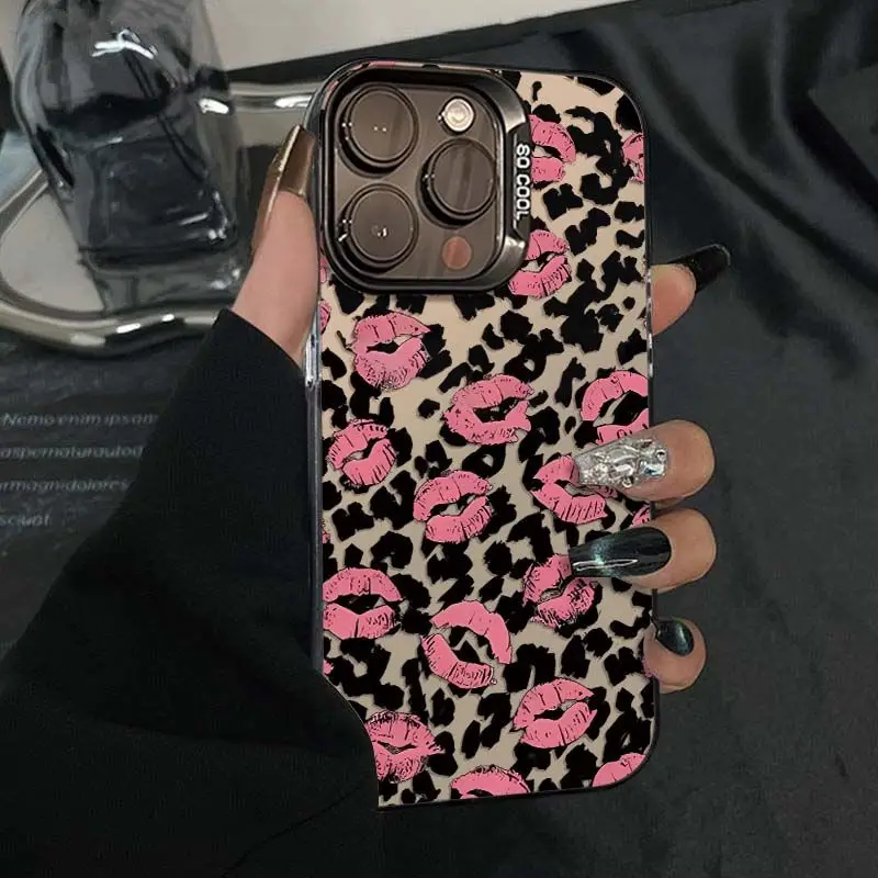 

Case For iPhone 16 15 14 13 11 Pro Max XR XS 7 8 Plus SE 2020 Luxury Leopard Print Lip Mark Shockproof Silicone Soft Phone Cover