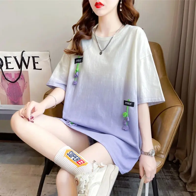 Gothic Summer Short-sleeved T-shirt Women Tshirt Streetwear Pullover Tops Casual Loose Shirts Gradient Color Korean Chic