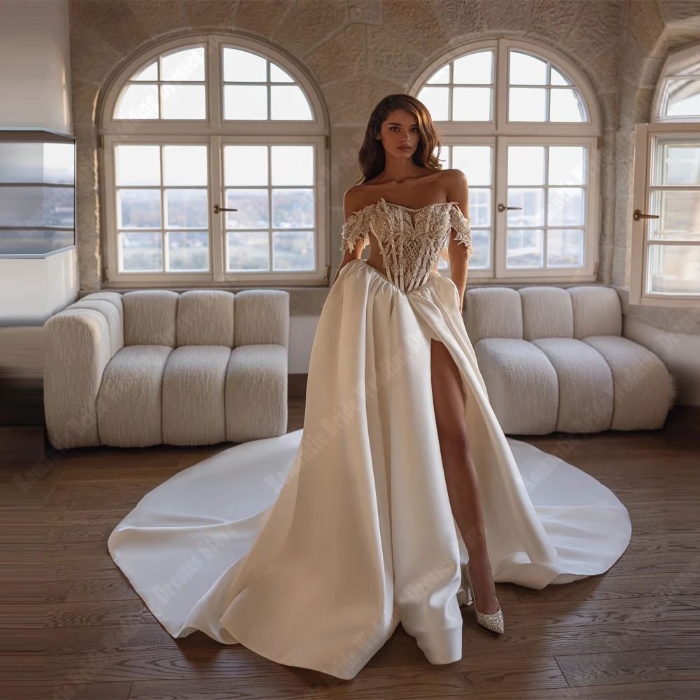 

Off The Shoulder A-Line Women Wedding Dresses Lace Print Sleeveless Bridal Gowns Princess Banquet Vestidos De Novias Customized