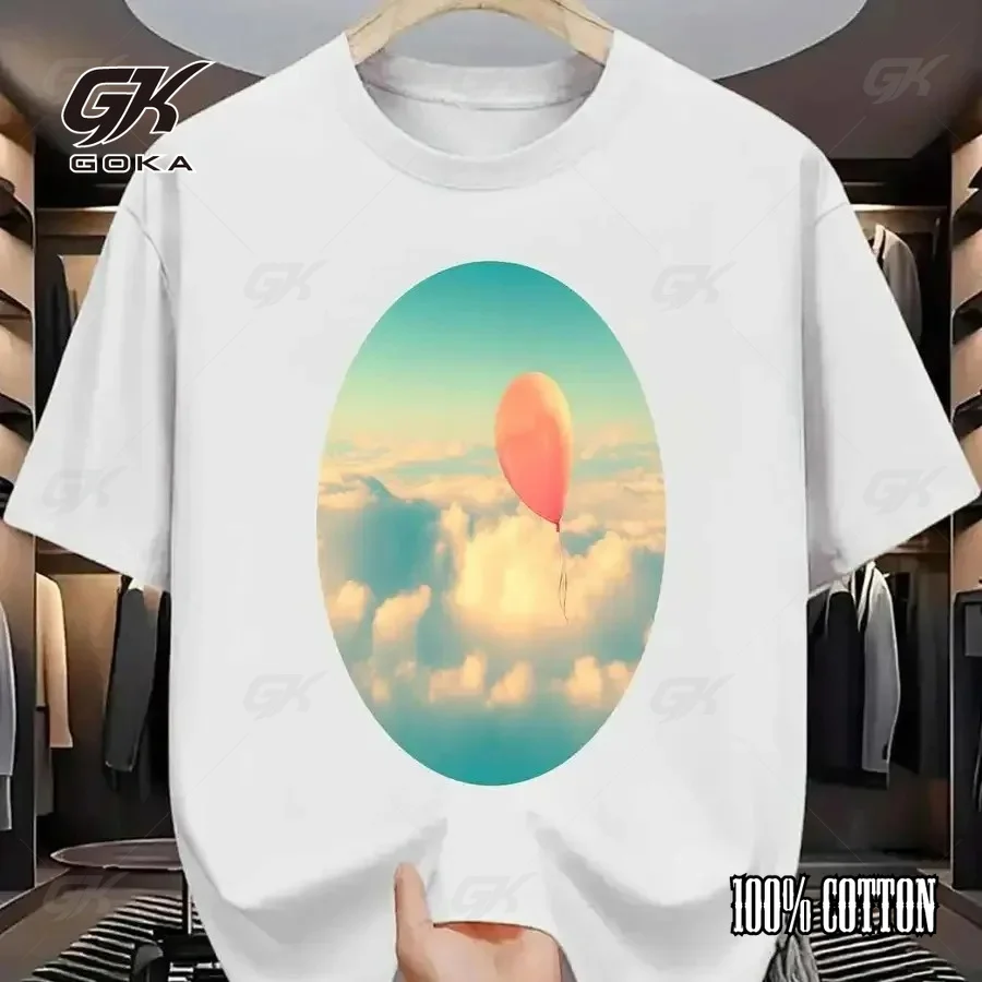 Pastel Sky & Pink Balloon Graphic T-Shirt Unisex Clothes  Aesthetic Cloud Art Casual Cotton Short Sleeve Minimalist Tee Tops
