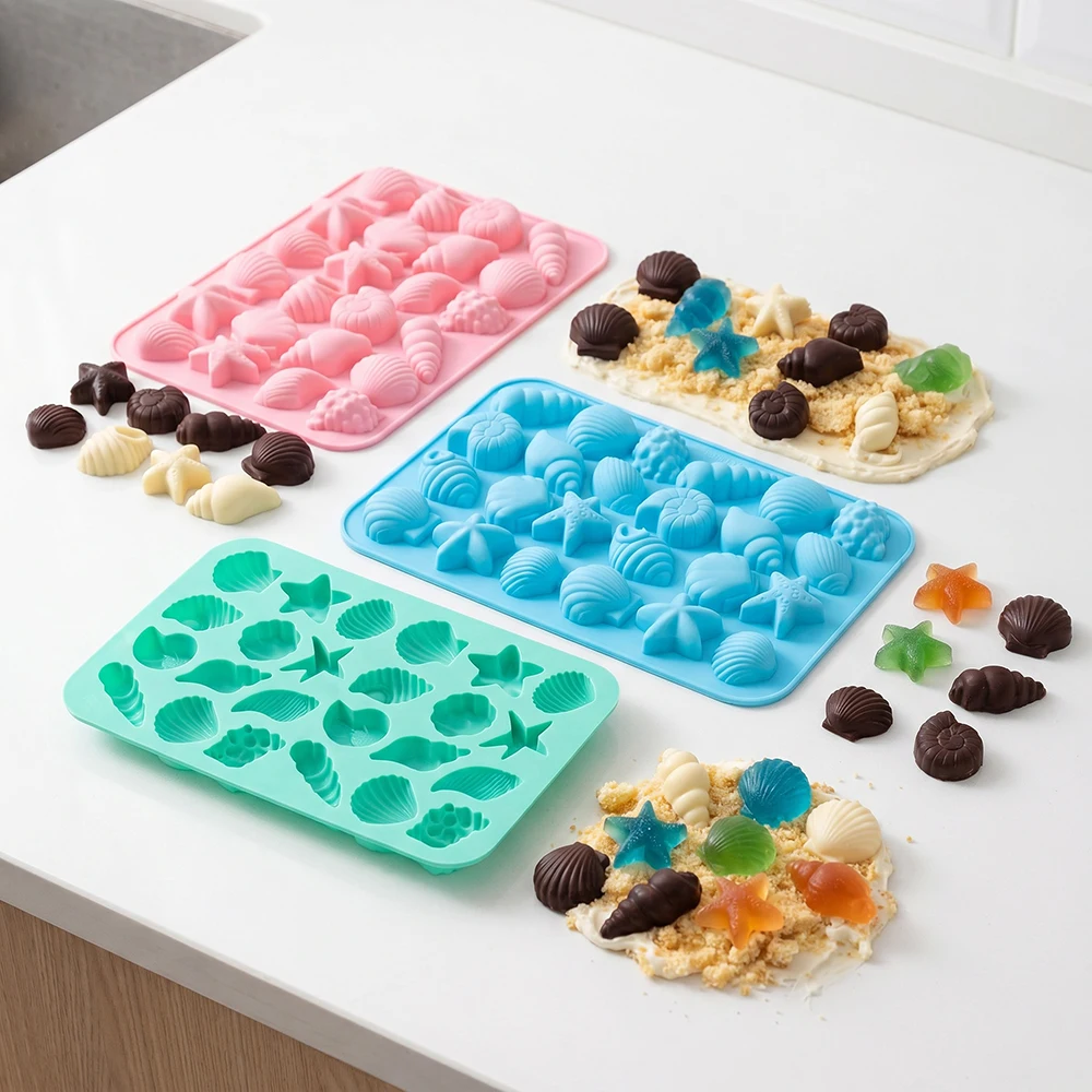 24 cavity shell, conch, starfish and other shaped chocolate silicone molds, 3D candy pudding, baked cookies, birthday cake decor