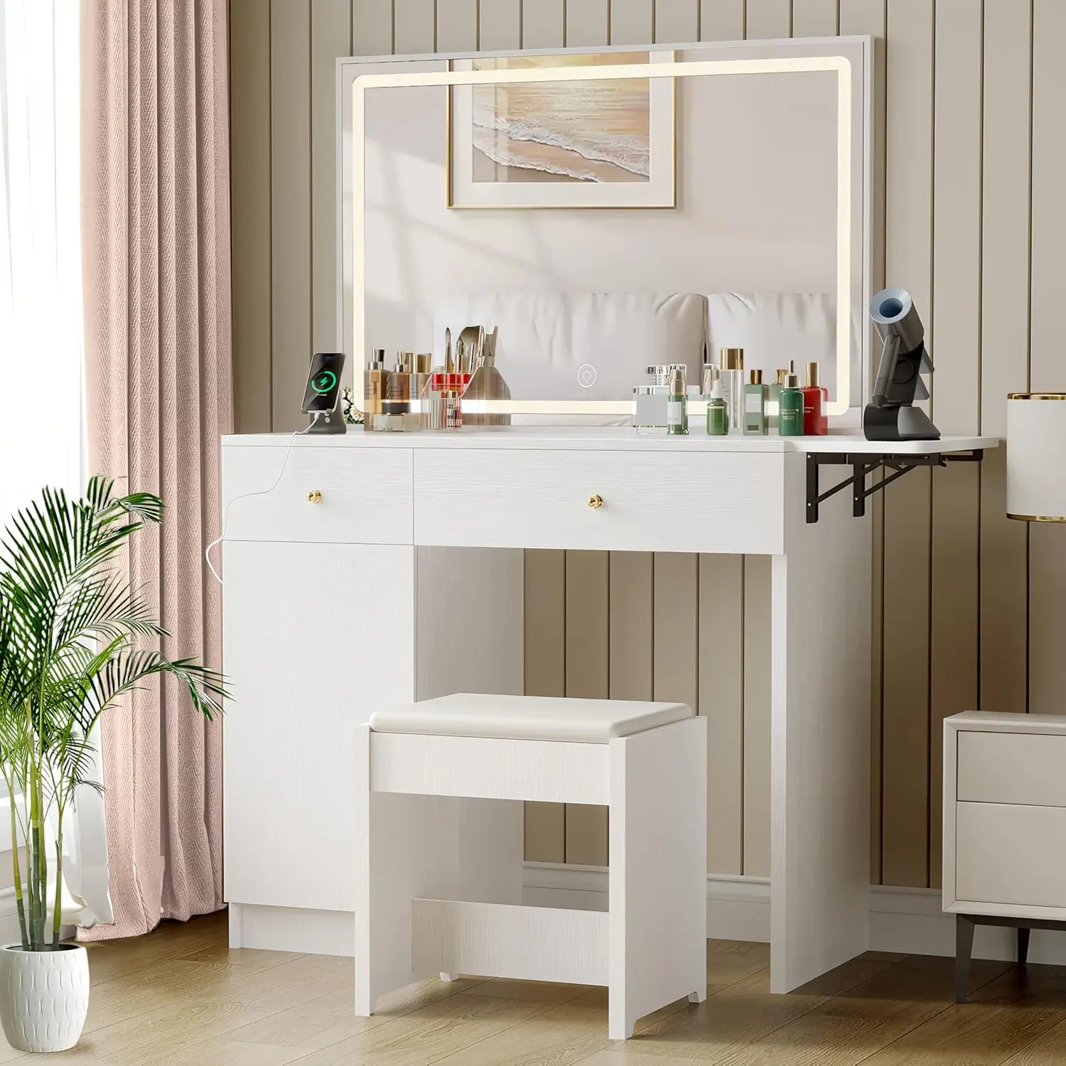 

Dressing Table with Large 35" LED-lit Mirror and Electrical Outlet, Makeup Table Set with Drawers and Cabinets, Stool