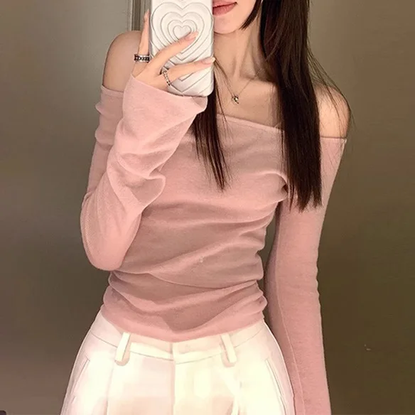 Spicy Girl Grey One Shoulder Top Women's Early Autumn Slimming Knitted Inner Undercover Short Style Off Shoulder Long Sleeve