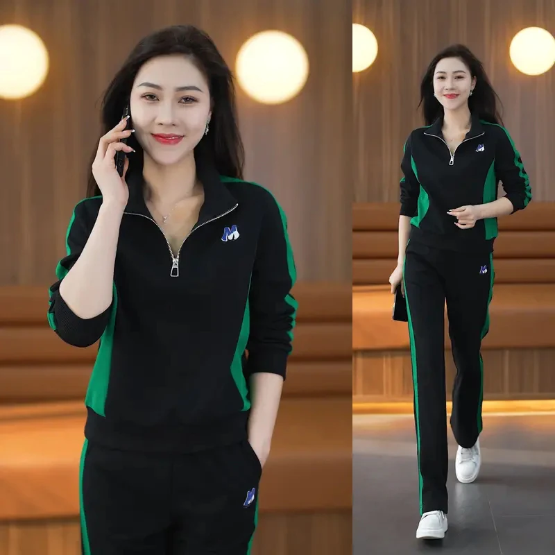 Spring Fall 2 Pieces Sets Stand Collar Long Sleeve Tops Tracksuit Ankle-length High Waist Sweatpants Suits Casual New Conjuntos