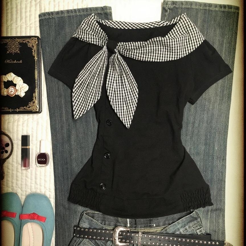 Vintage American Plaid Navy Collar Asymmetric Waist Cinched Spicy Short Sleeve T-Shirt Women's Slim Fit Cotton Summer Top