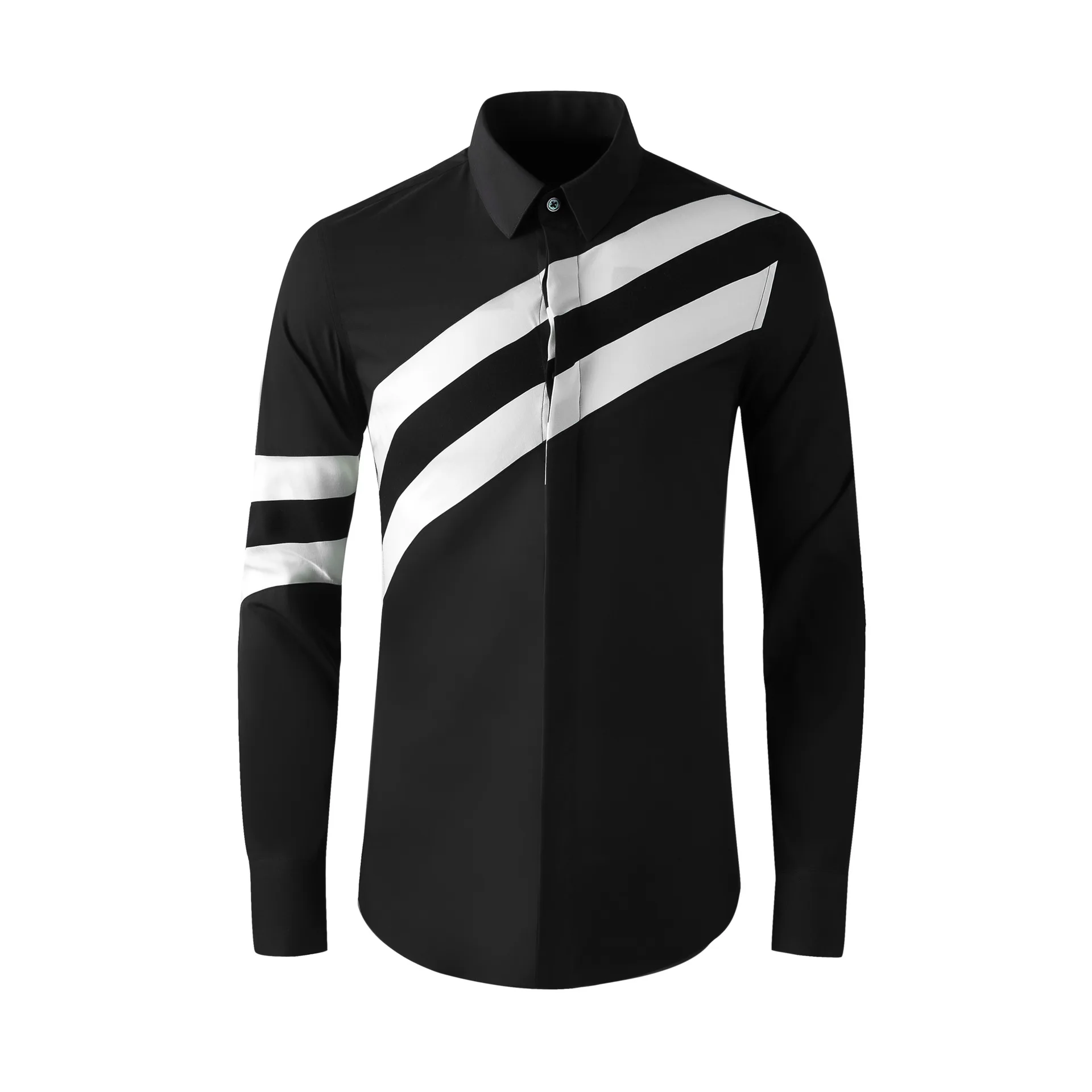 

Four season new black and white diagonal splicing contrasting color men's slim fit shirt fashionable casual British top