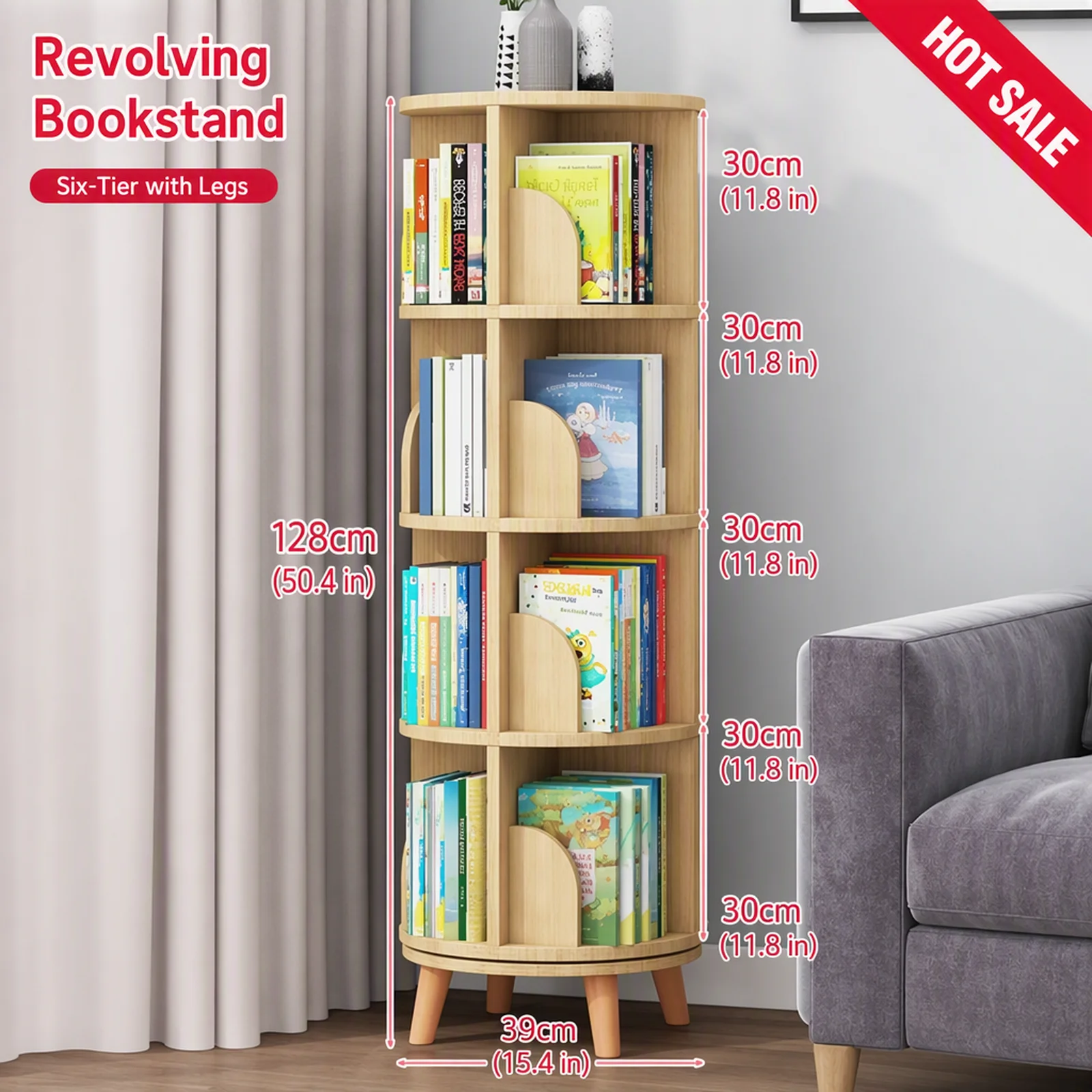 Revolving Bookstand, Solid Wood 6-Tier Floor Shelf, Multi-Compartment Storage Rack, Eco-Friendly Pine, Easy Clean for Books and Wine Racks