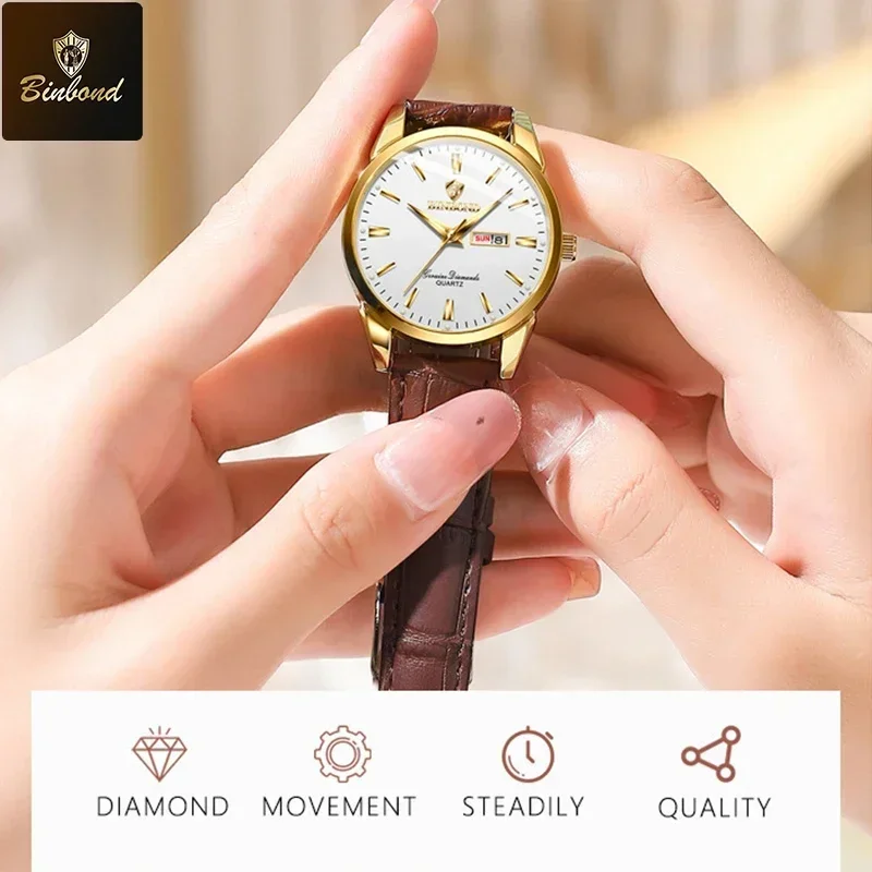 BINBOND женские часы, оригинальные модные брендовые кварцевые наручные часы, водостойкий светящийся кожаный ремешок, женские часы с двойным календарем