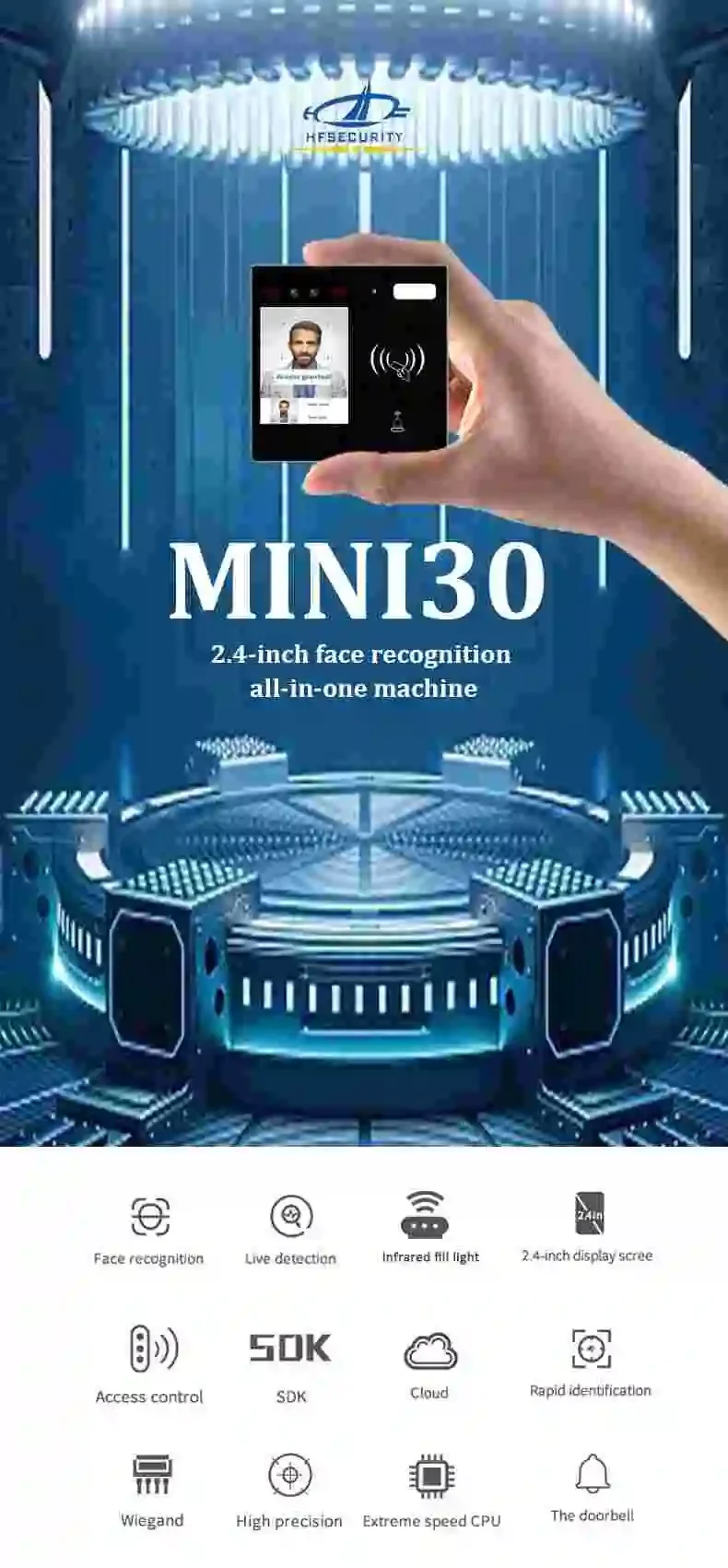 HFSecurity MINI30 Face Recognition IC Reader 2.4 Inches Face Recognition Access Control for gym hotel school