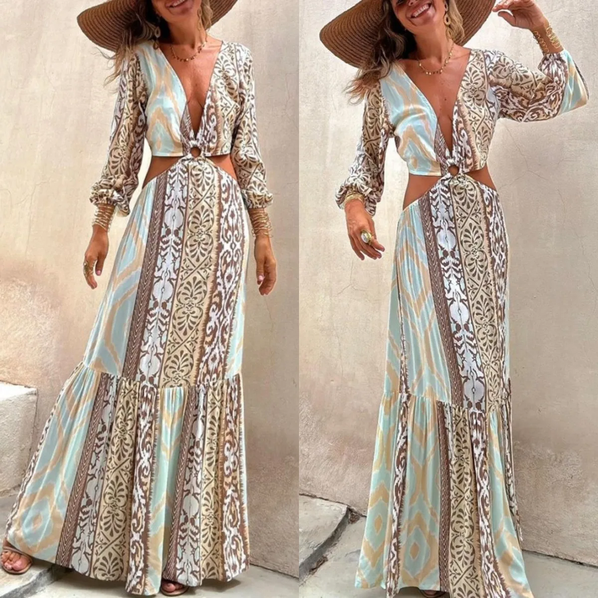 Abito stampato sexy con scollo a V profondo Moda donna Boho Hollow Backless Lace Up Abiti lunghi Abiti casual a maniche lunghe stile vacanza