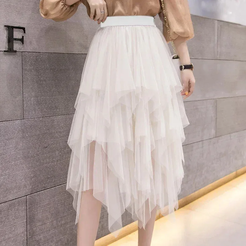 CySummer Tutu Women Skirt Harajuku Casual Tulle Bottom Jupe Femme Faldas Fashion High Waist Midi Mesh Skirts Woman Clothing Saia