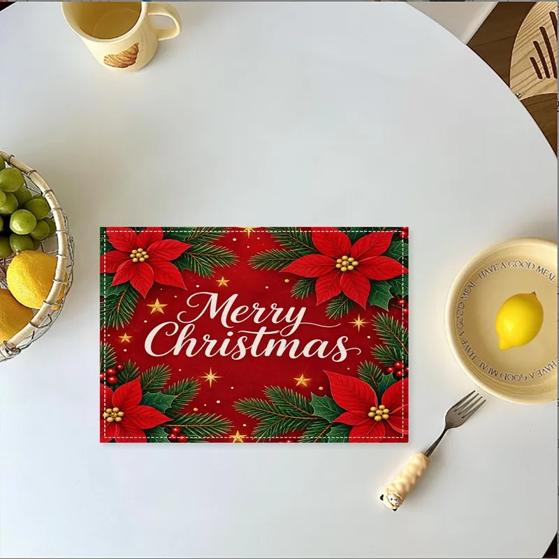 VIKAMA Linen Placemats Red Cream Poinsettia Snowman Village, Stain Resistant Easy to Clean, Dining Table Holiday Decor