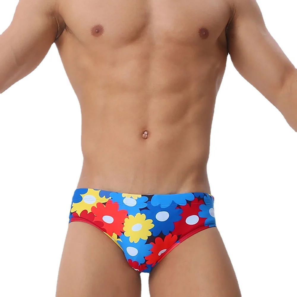 UXH New Arrival Men\'s Low-waist Drawstring Swimming Briefs Flower Printing Sexy U-convex Add Pad Tight Young Man Swimmisute