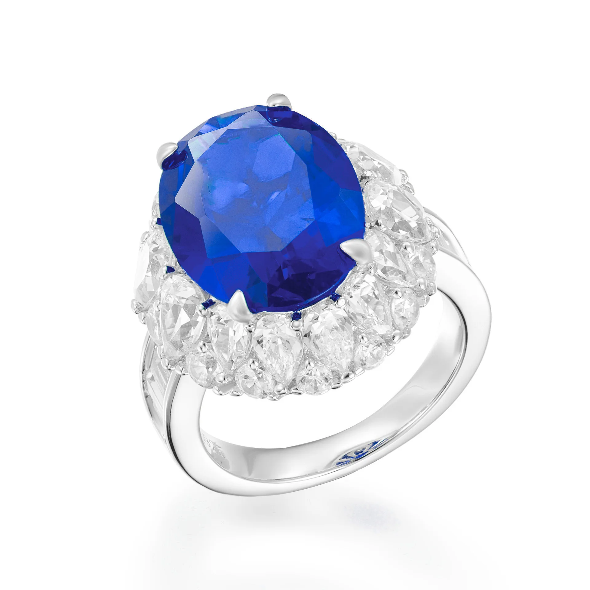 

CMajor S925 Sterling Silver Gold Plated Lab Grown Gemstone Artdeco Royal Blue Sapphire Diamond Pavé Cocktail Ring for Women