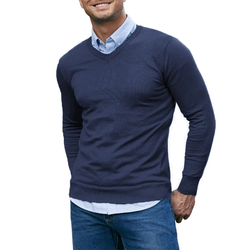 Men's V Neck Sweater Knitted Pullover Casual Soft Lightweight Long Sleeve Dress Sweater Autumn Breathable Slim Fit Sweaters