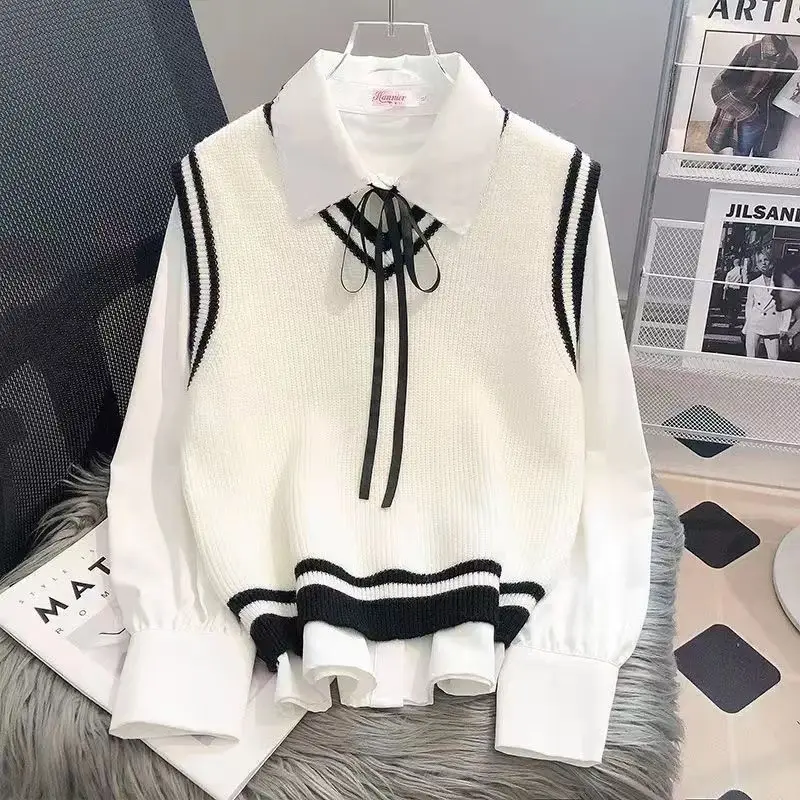 Autumn Preppy Style Set Female Student Korean Loose Bow Shirt+Knitted Vest Two Piece Set Fashion