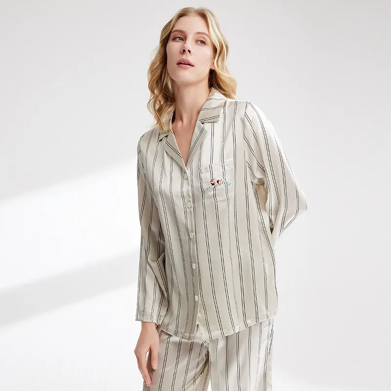 Couple's Long Sleeved Pants Silk Pajamas Set Women Comfortable 19m/m Lounge wear Trousers Stripe Casual Fashion Indoor Wear L