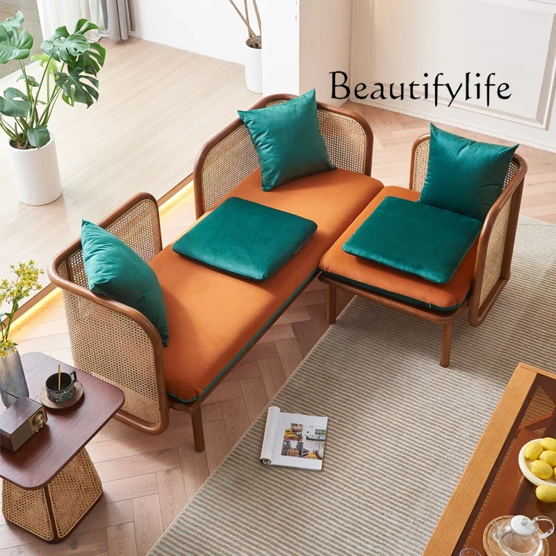 

muebles para hogar Quiet style solid wood sofa Nordic small-sized rattan sofa
