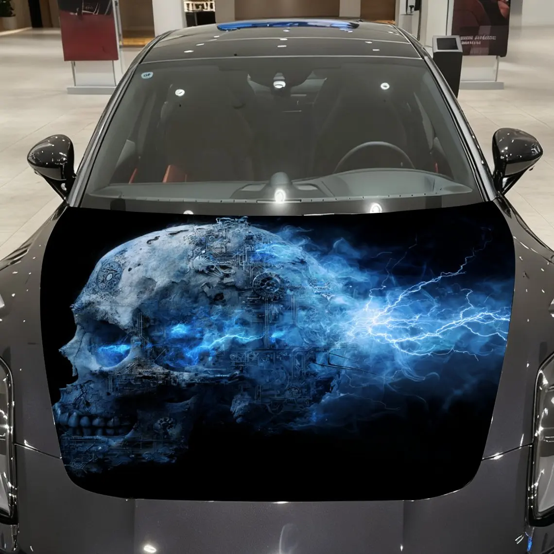 

Cool Lightning Skull Car Vinyl Wrap, PVC Waterproof Car Hood Sticker, Self-Adhesive Scratch-Resistant Stickers For Engine Cover,