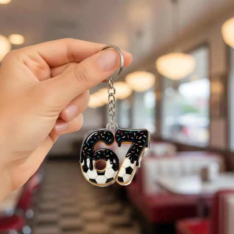 2D Flat Acrylic Keychain Cute Blue Icing Donut Number 67 Badminton Pattern Lightweight Backpack Pendant for Daily Use