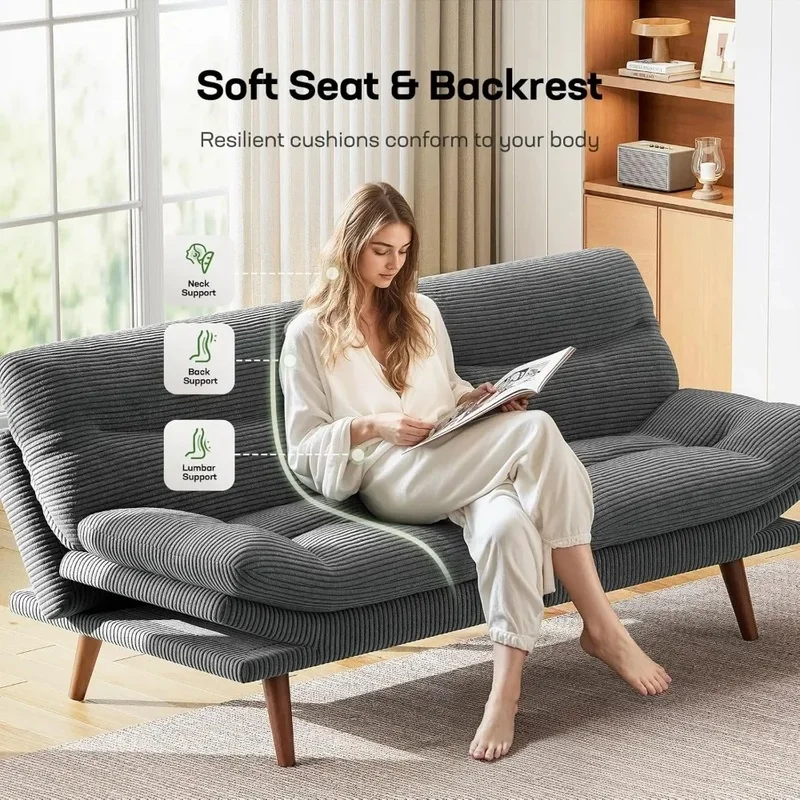 

Space-Saving Corduroy Sofa Bed with Adjustable Backrest and Armrests for Small Living Spaces