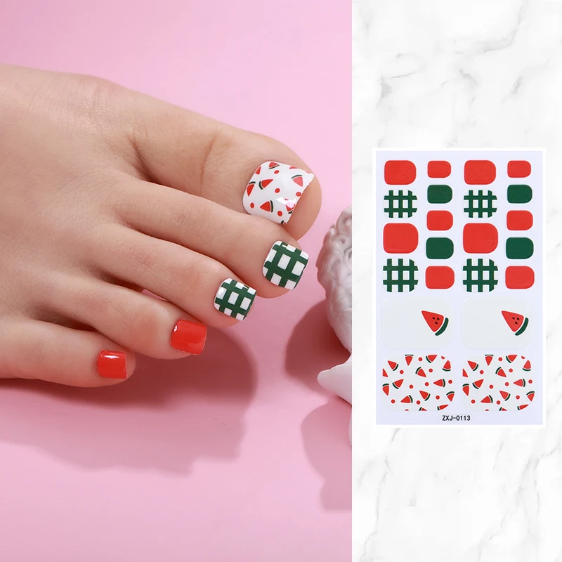 22Tips Summer Baking Free Toe Nail Sticker Strawberry Watermelon Lemon Full Cover Toenail Polish Strips Adhesive DIY Foot Decals