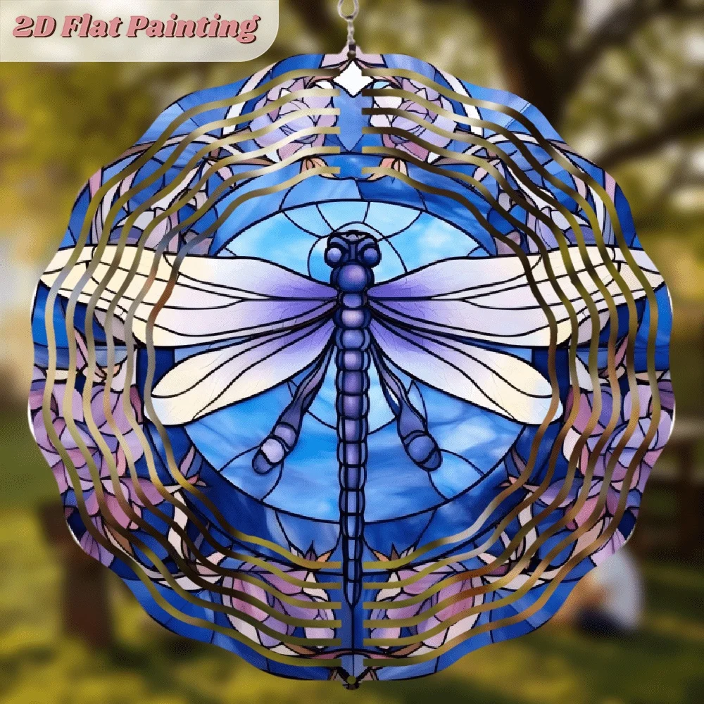 2D Flat  Metal Rotating Wind Chime, Colorful Blue-Purple Dragonfly Pattern, Decorative Hanging Ornaments