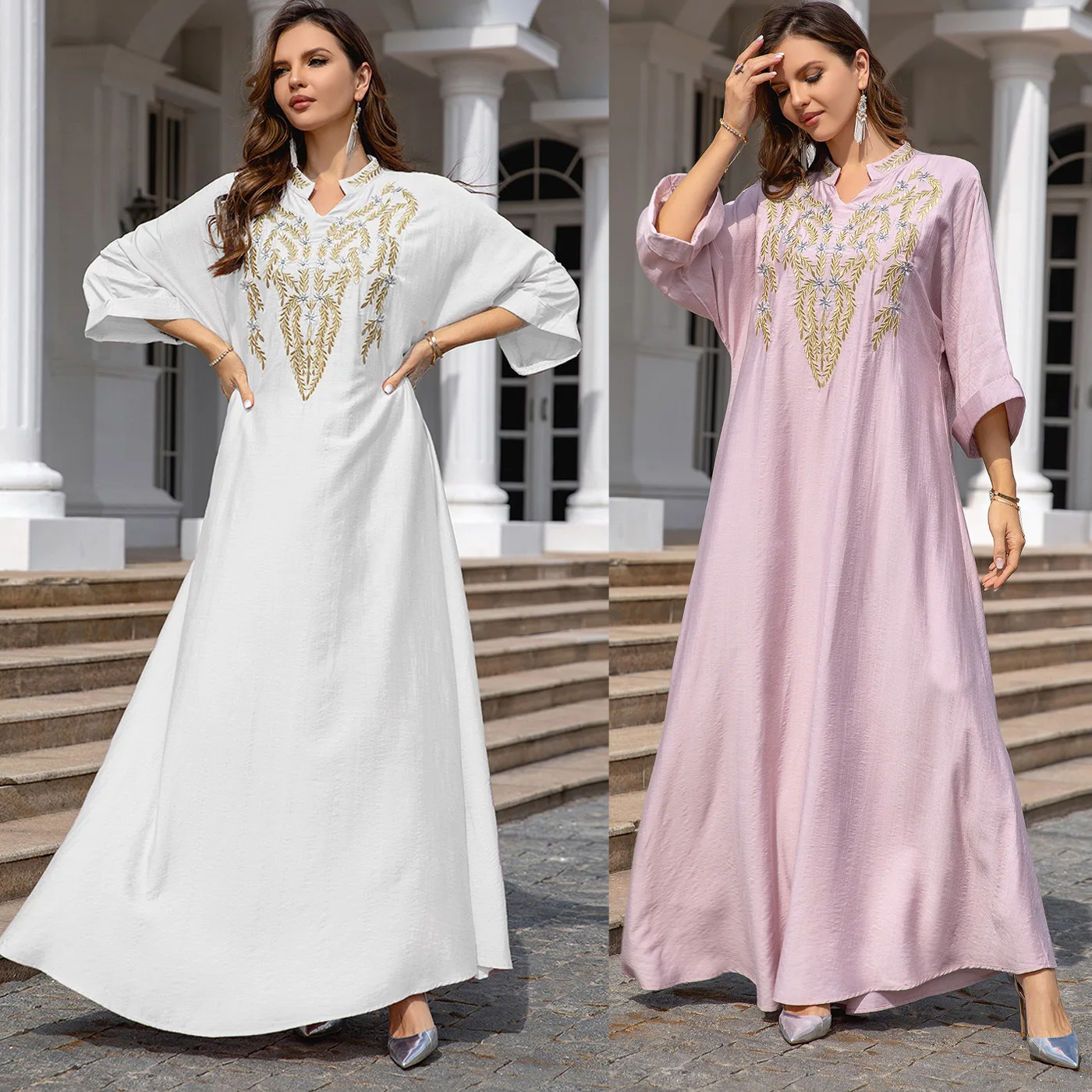 Eid Muslim Women's Abaya for Moroccan Floral Embroidery Casual Clothing Dubai Three Quarter Sleeve Banquet Elegance Long Dresses