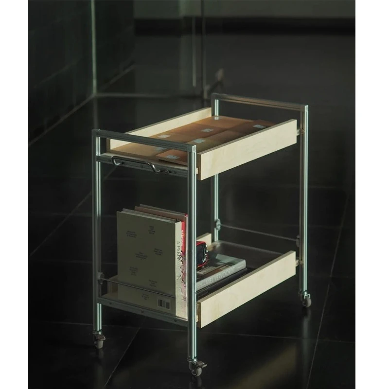 

Birch ocean plate aluminum profile trolley movable double shelf log storage shelf bookshelf