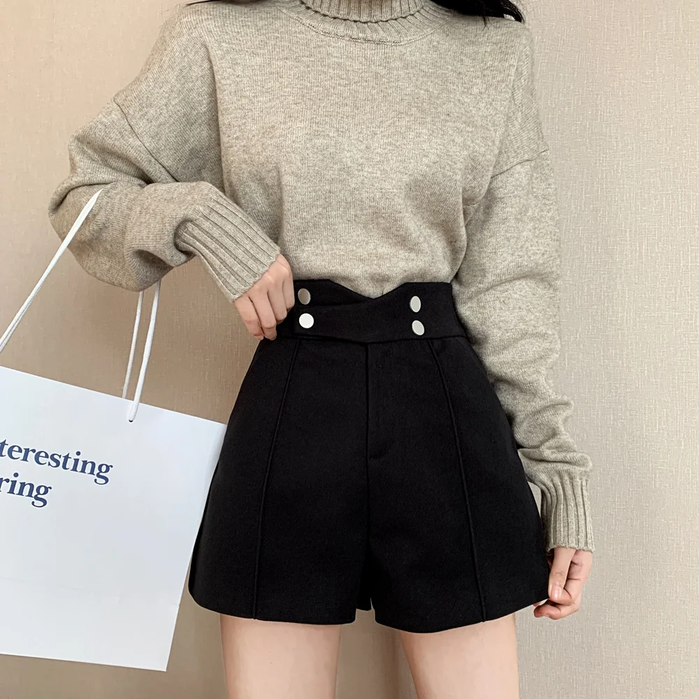 Winter Shorts Women Thick Solid High Waist All-match Wide Leg Fashion Minimalist Young Casual Office Ladies Simple A-line Chic