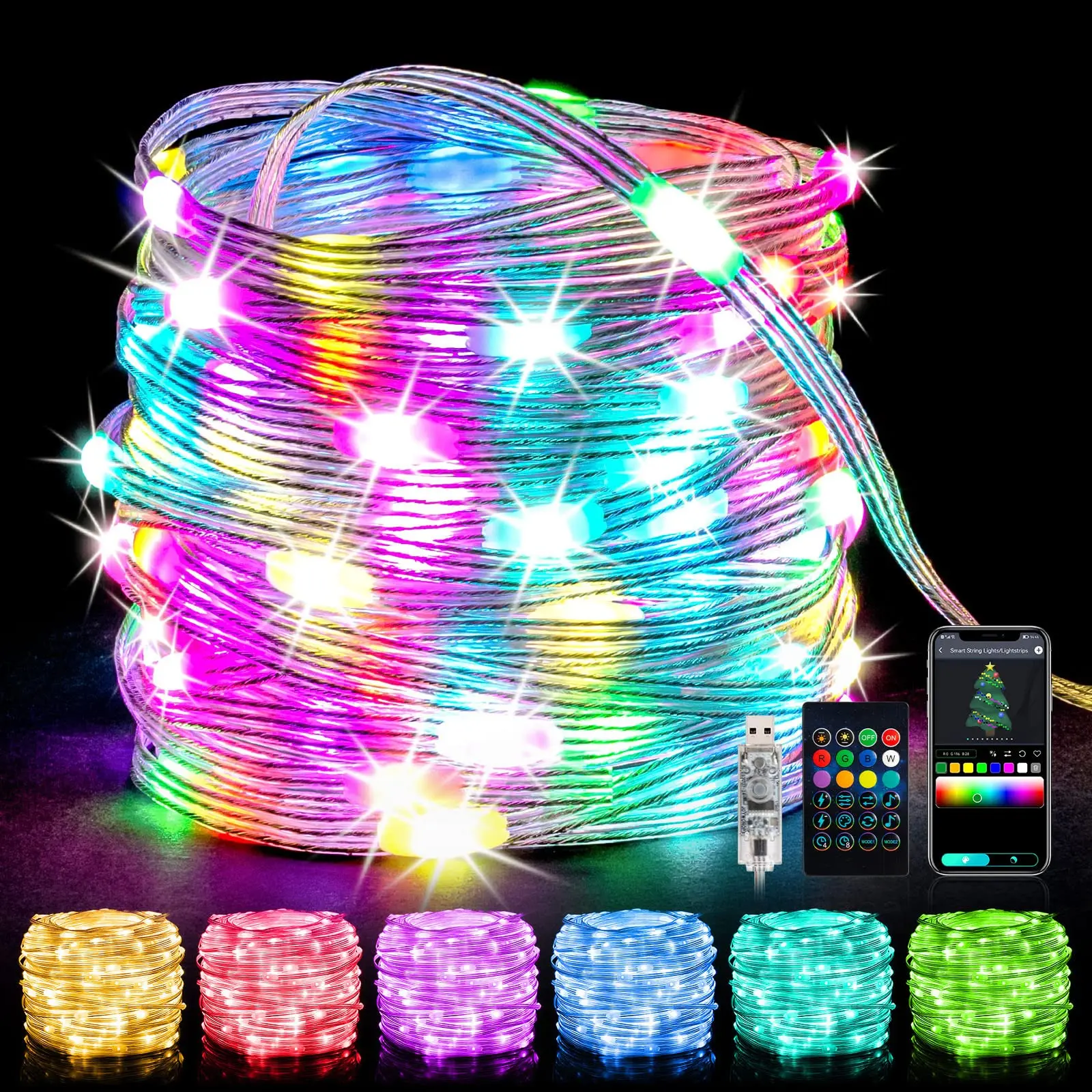 Guirlandas LED endereçáveis inteligentes, RGB String Fairy Lights, USB Festoon para casa, sala estética, decoração do casamento, Mood Light, WS2812B