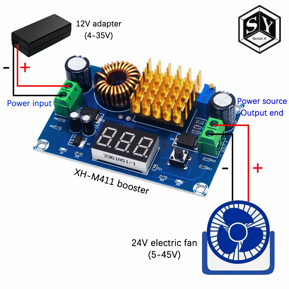 XH-M411 DC 3V-35V to DC 5V-45V Boost Converter Module Voltage Regulator Adjustable Step Up Voltmeter Digital Display Module