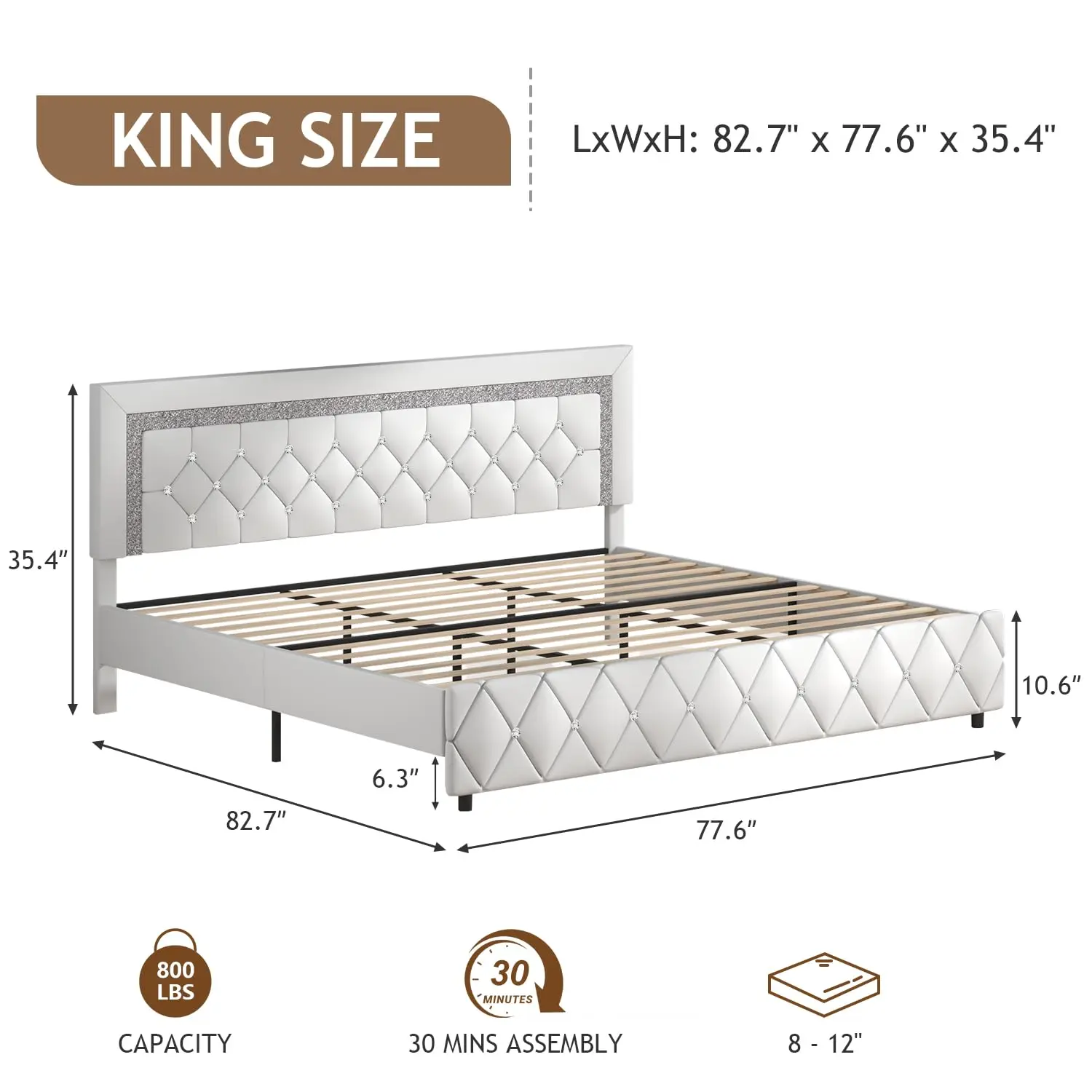 King Bed Frame, Faux Leather Platform Bed with Upholstered Diamond Headboard, Mattress Foundation with Strong, Customized view 3