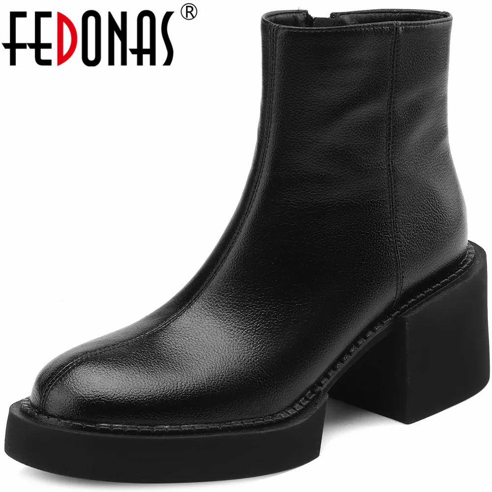 

FEDONAS Basic Women Ankle Boots Autumn Winter Genuine Leather Thick Heels Platforms Concise Side Zipper Office Lady Shoes Woman