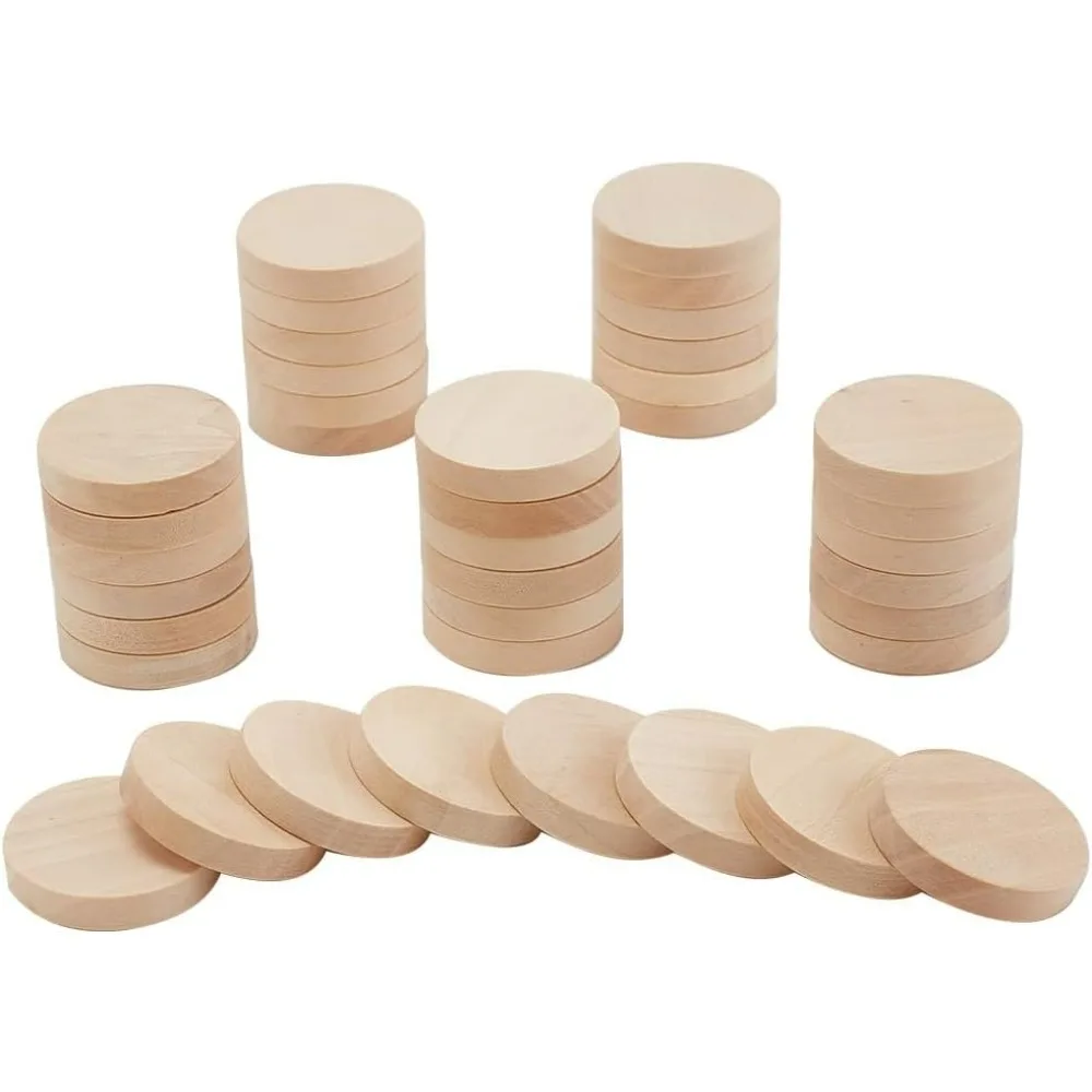 50pcs 1 Inch Unfinished Beech Wood Craft Circle Cutouts Round Wooden Thick Circles Slices Blank Wood Ornaments Decoration