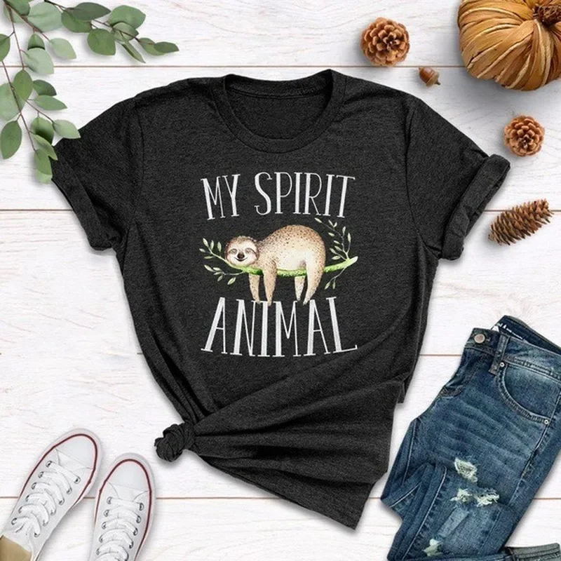 Sloth My Spirit Animal Print T Shirt Women Short Sleeve O Neck Loose Tshirt Summer Women Tee Shirt Tops Camisetas Mujer