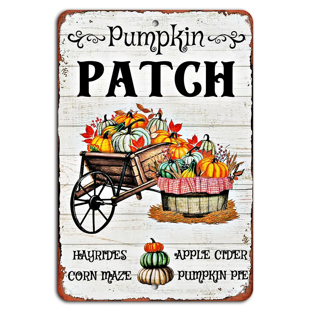 Pumpkin Patch Fall Sign - Rustic Autumn Decor with Wagon & Pumpkins, Iron Wall Hanging for Home, Garden, or Farmhouse, Perfect