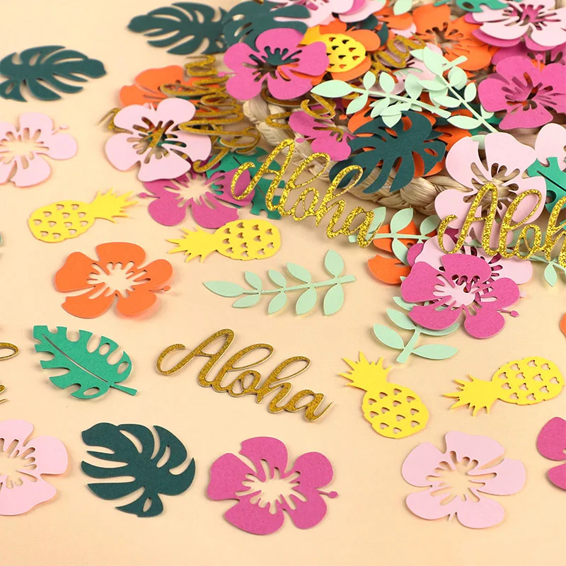 

100pcs Hawaiian Table Confetti Luau Summer Birthday Party Decoration Supplies Tropical Flower Palm Leaf Paper Confetti DIY Gift