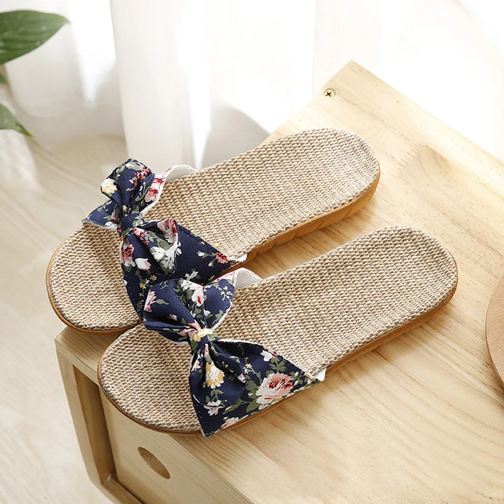 Floral Bowknot Female Slippers Linen Women Shoes Bohemia Sweet Casual Slippers for Women Indoor Outdoor Fashion All Match Shoes