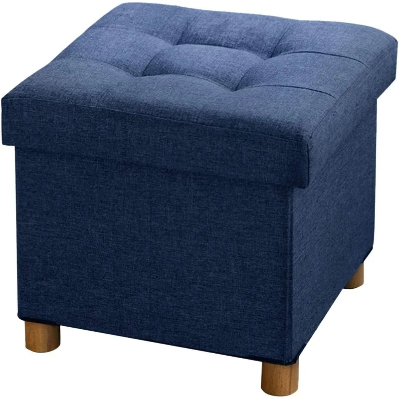 

Foldable Storage Ottoman Footrest and Seat Cube with Wooden Feet and Lid, Blue 15” x15” x14.7”